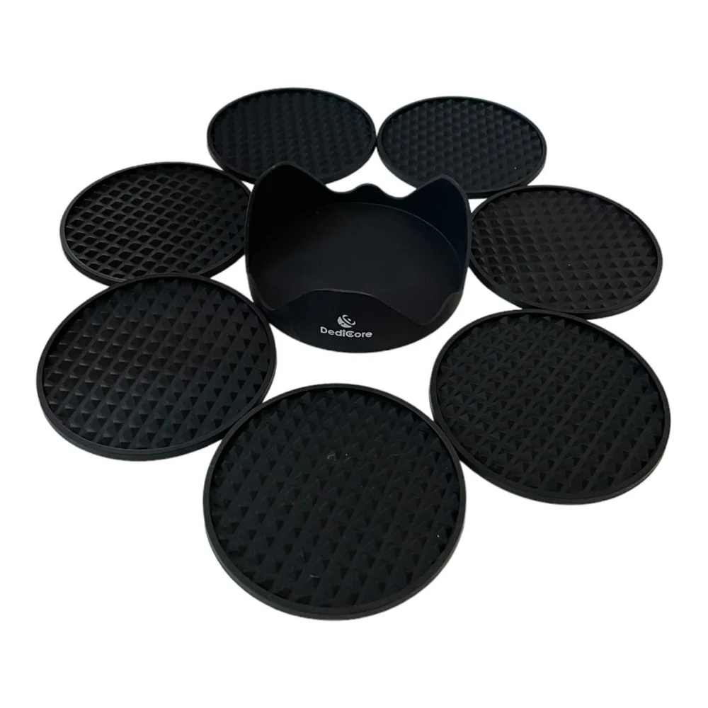 Silicone Coaster Set 7 Piece Black with Holder 4.5
